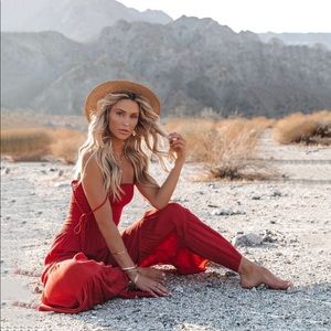 Vici Red Smocked Bell Bottom Jumpsuit